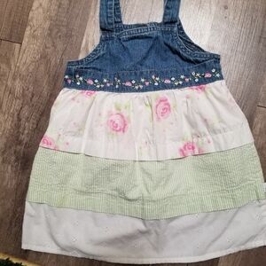 Vtg Denim Tiered Embordied Floral Jumper Dress Girls 24 Mths